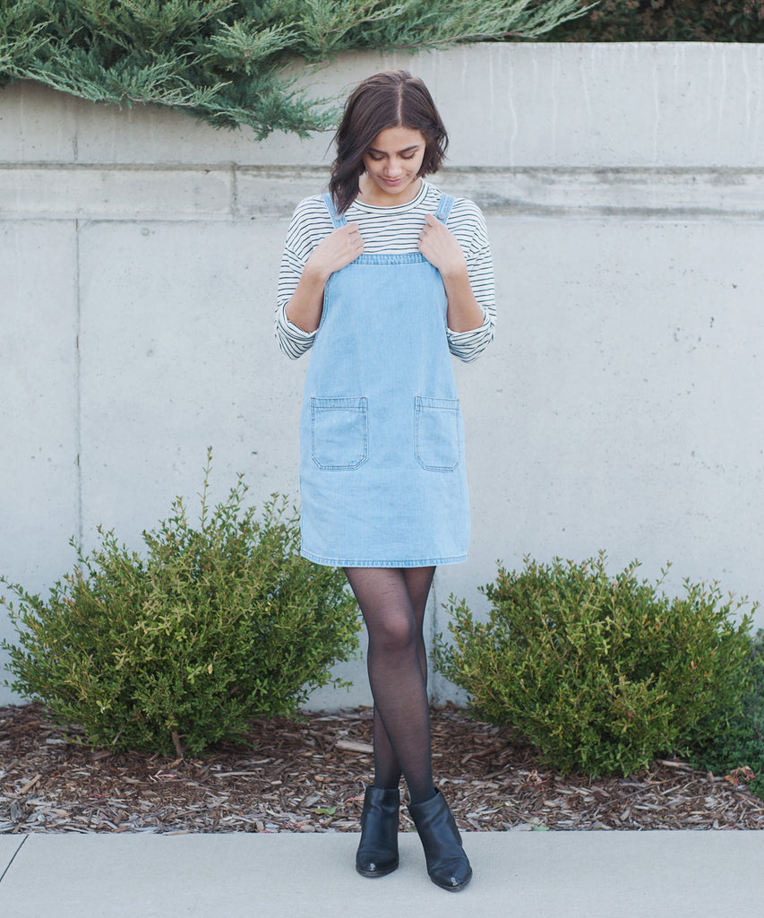 Denim Pinafore Dress With Tights Denim Pinafore Dress With Tights